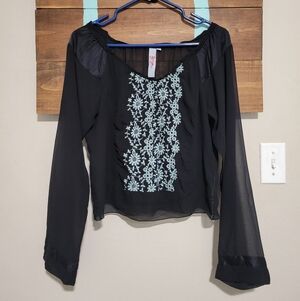 BIYA Black Silk Sheer Of The Shoulder Top with Blue Embroidery Size Small